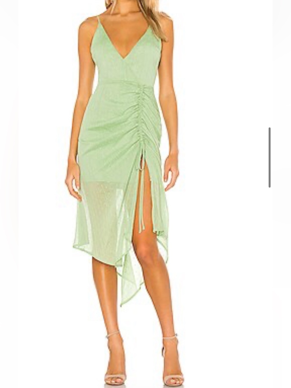 Revolve Light Green Ruched V-Neck Asymmetrical Dress
